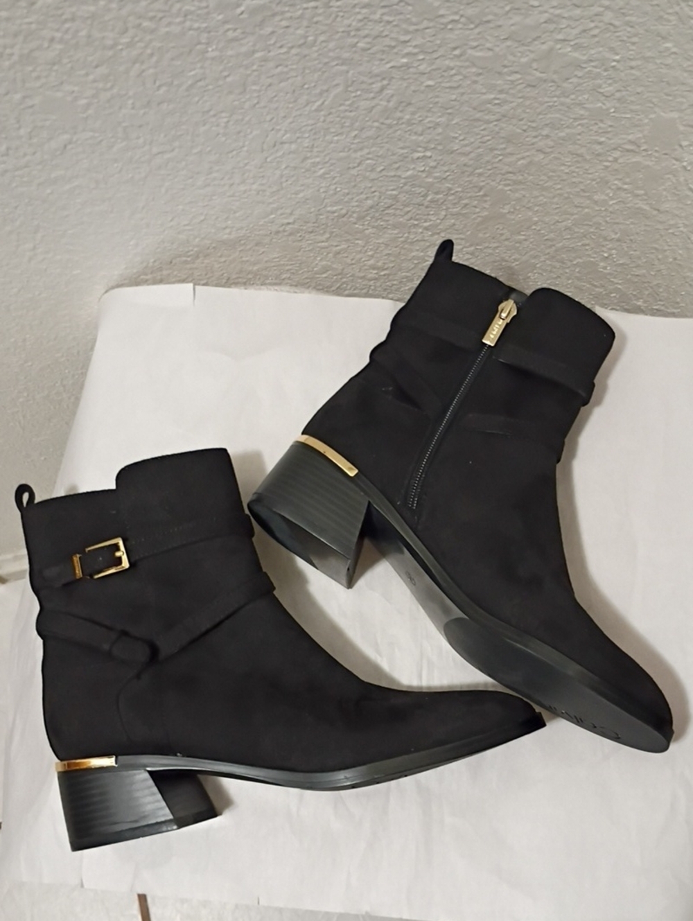NWOB Calvin Klein 8.5 M Black Booties Suede Jasen 2- Gold Buckle/ Strap